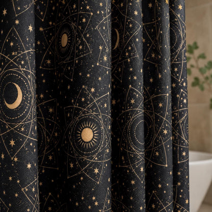 Black Celestial Moon Phase Shower Curtain, Astrology Sun Star Bath Decor