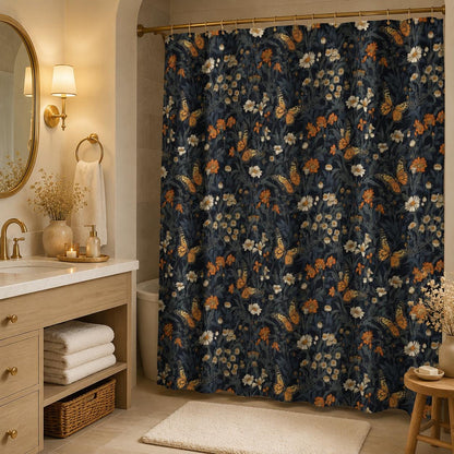 Monarch Butterfly Floral Shower Curtain, Dark Cottagecore Botanical Bath Decor