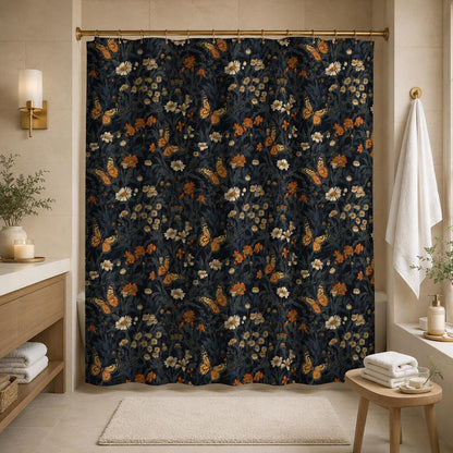 Monarch Butterfly Floral Shower Curtain, Dark Cottagecore Botanical Bath Decor