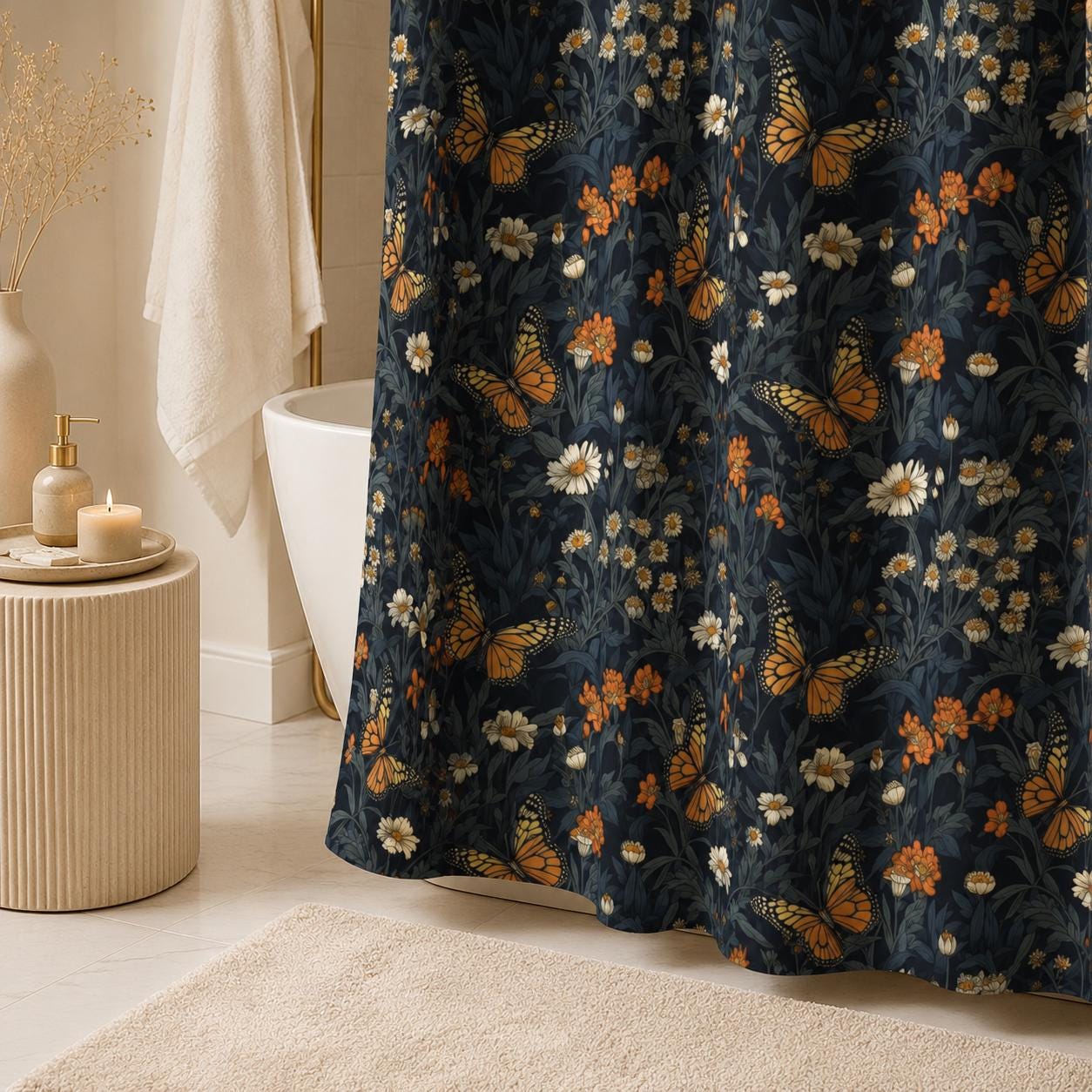 Monarch Butterfly Floral Shower Curtain, Dark Cottagecore Botanical Bath Decor
