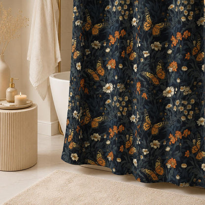 Monarch Butterfly Floral Shower Curtain, Dark Cottagecore Botanical Bath Decor