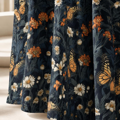 Monarch Butterfly Floral Shower Curtain, Dark Cottagecore Botanical Bath Decor