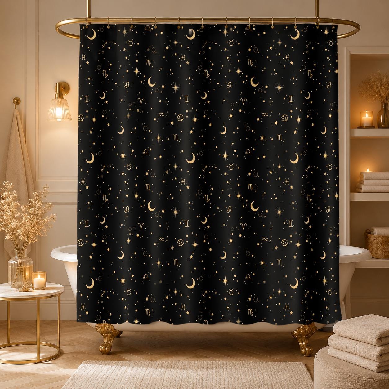 Celestial Zodiac Shower Curtain, Astrology Moon Star Bathroom Decor