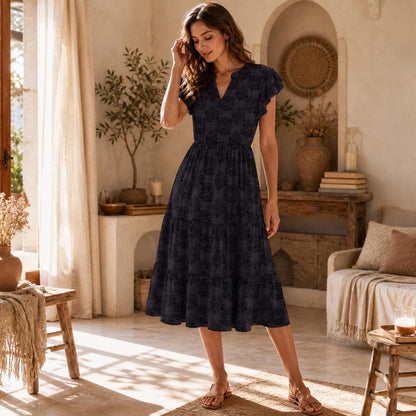 Dark Floral Midi Dress, Navy Black Flutter Sleeve Dress, Romantic Boho Wedding Guest Dress, Modest A Line Summer Dress