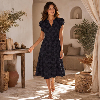 Dark Floral Midi Dress, Navy Black Flutter Sleeve Dress, Romantic Boho Wedding Guest Dress, Modest A Line Summer Dress