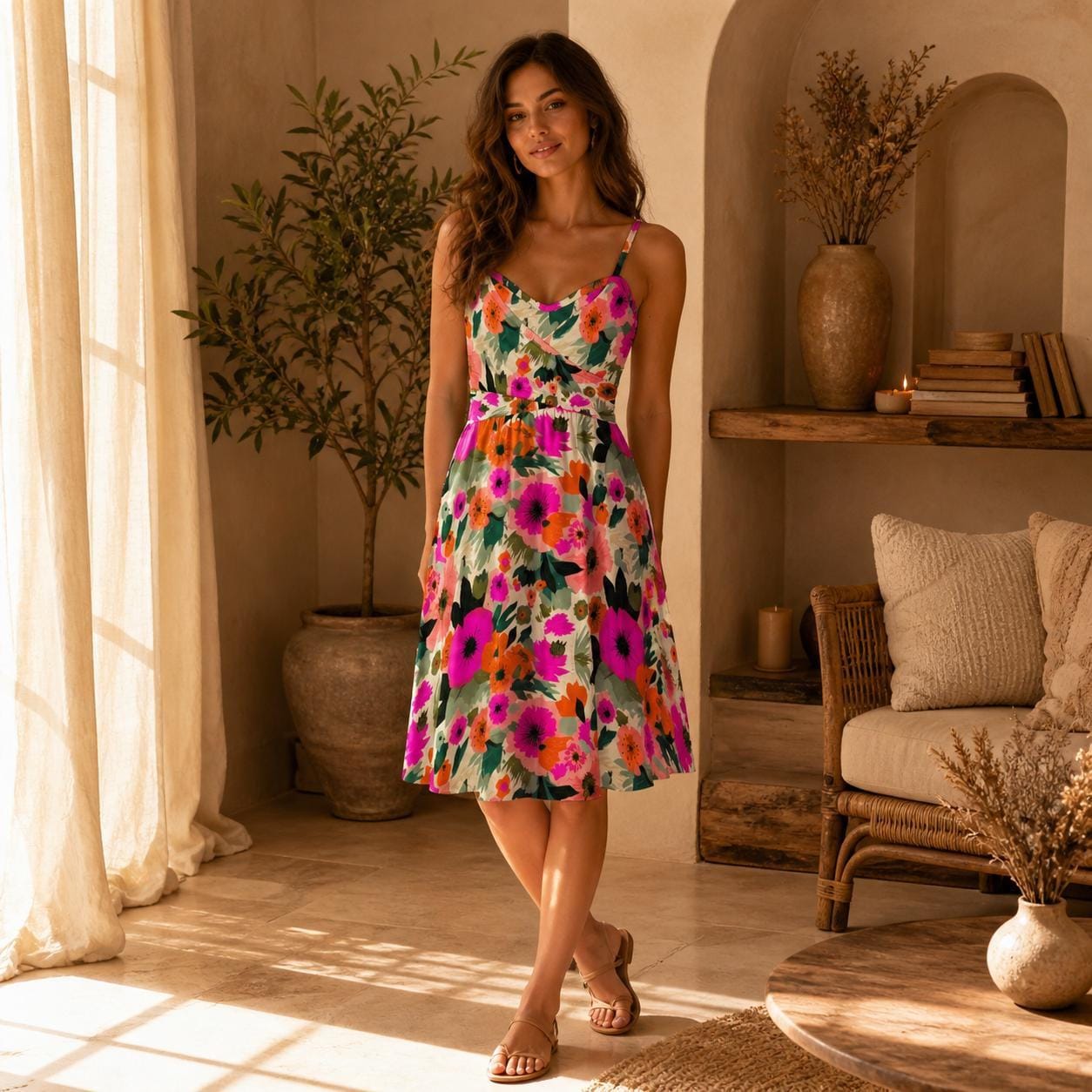Bright Floral Sundress, Colorful Fit and Flare Dress, Pink Flower Vacation Dress, Strappy Summer Party Dress for Women