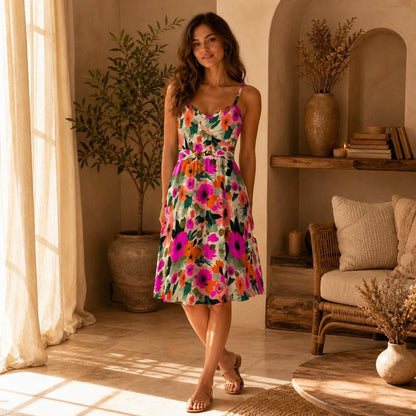 Bright Floral Sundress, Colorful Fit and Flare Dress, Pink Flower Vacation Dress, Strappy Summer Party Dress for Women