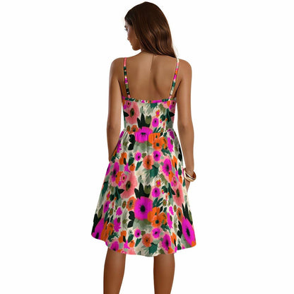 Bright Floral Sundress, Colorful Fit and Flare Dress, Pink Flower Vacation Dress, Strappy Summer Party Dress for Women