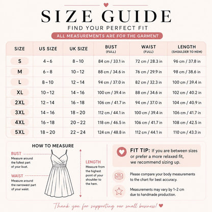 The image is a size guide for women, providing measurements and fit tips for different bust, waist, and length sizes.