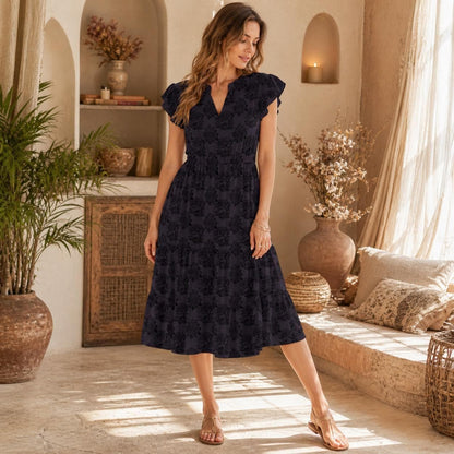 Dark Floral Midi Dress, Navy Black Flutter Sleeve Dress, Romantic Boho Wedding Guest Dress, Modest A Line Summer Dress