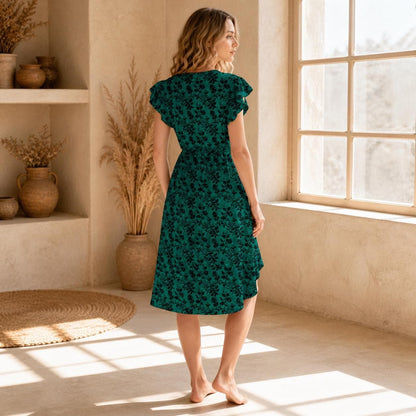 Teal floral sundress, flutter sleeve summer dress with black flower print, vacation midi dress for colorful cottagecore women
