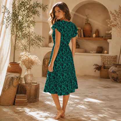 Teal floral sundress, flutter sleeve summer dress with black flower print, vacation midi dress for colorful cottagecore women