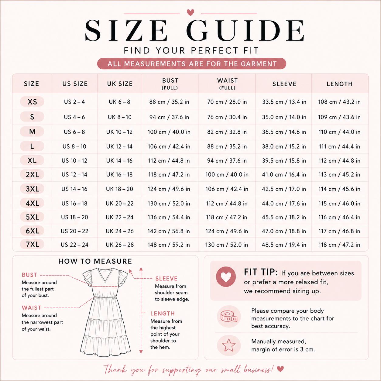 The image is a size guide for women, providing measurements and fit tips for different sizes and styles of dresses.