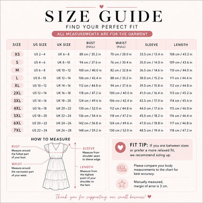 The image is a size guide for women, providing measurements and fit tips for different sizes and styles of dresses.