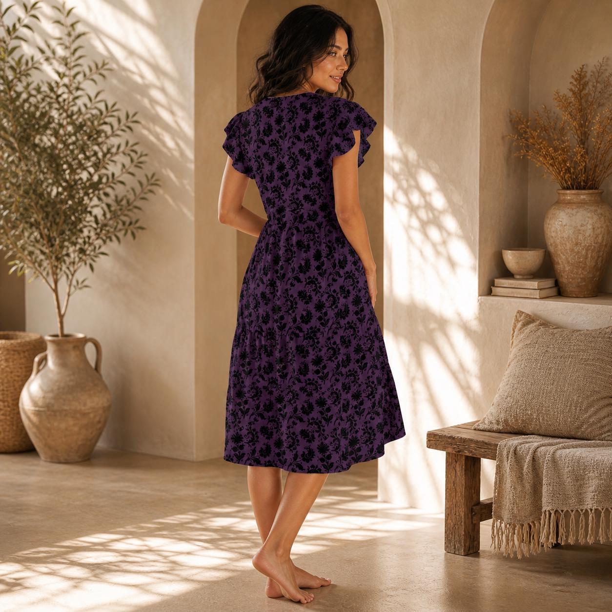 Purple Gothic Floral Midi Dress, Black Damask Flutter Sleeve Sundress