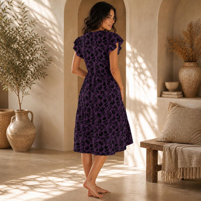 Purple Gothic Floral Midi Dress, Black Damask Flutter Sleeve Sundress