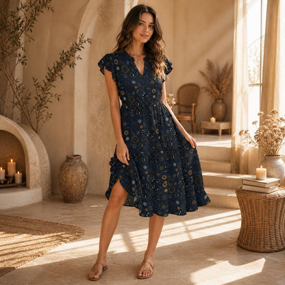 Navy Celestial Midi Dress, Sun Moon Print, Tiered Skirt, Flutter Sleeves, Boho Stargazer Style