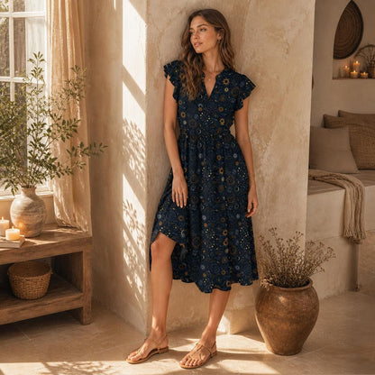 Navy Celestial Midi Dress, Sun Moon Print, Tiered Skirt, Flutter Sleeves, Boho Stargazer Style