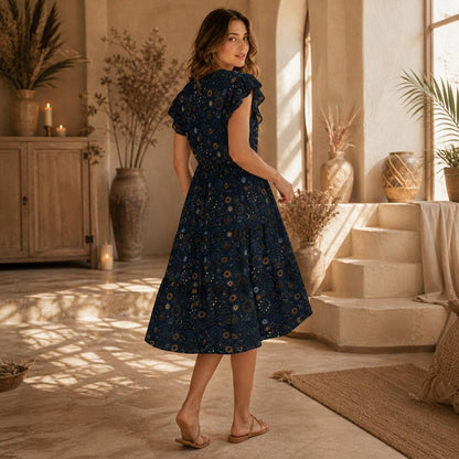 Navy Celestial Midi Dress, Sun Moon Print, Tiered Skirt, Flutter Sleeves, Boho Stargazer Style