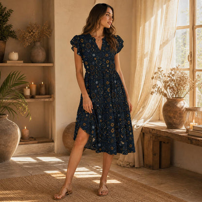 Navy Celestial Midi Dress, Sun Moon Print, Tiered Skirt, Flutter Sleeves, Boho Stargazer Style