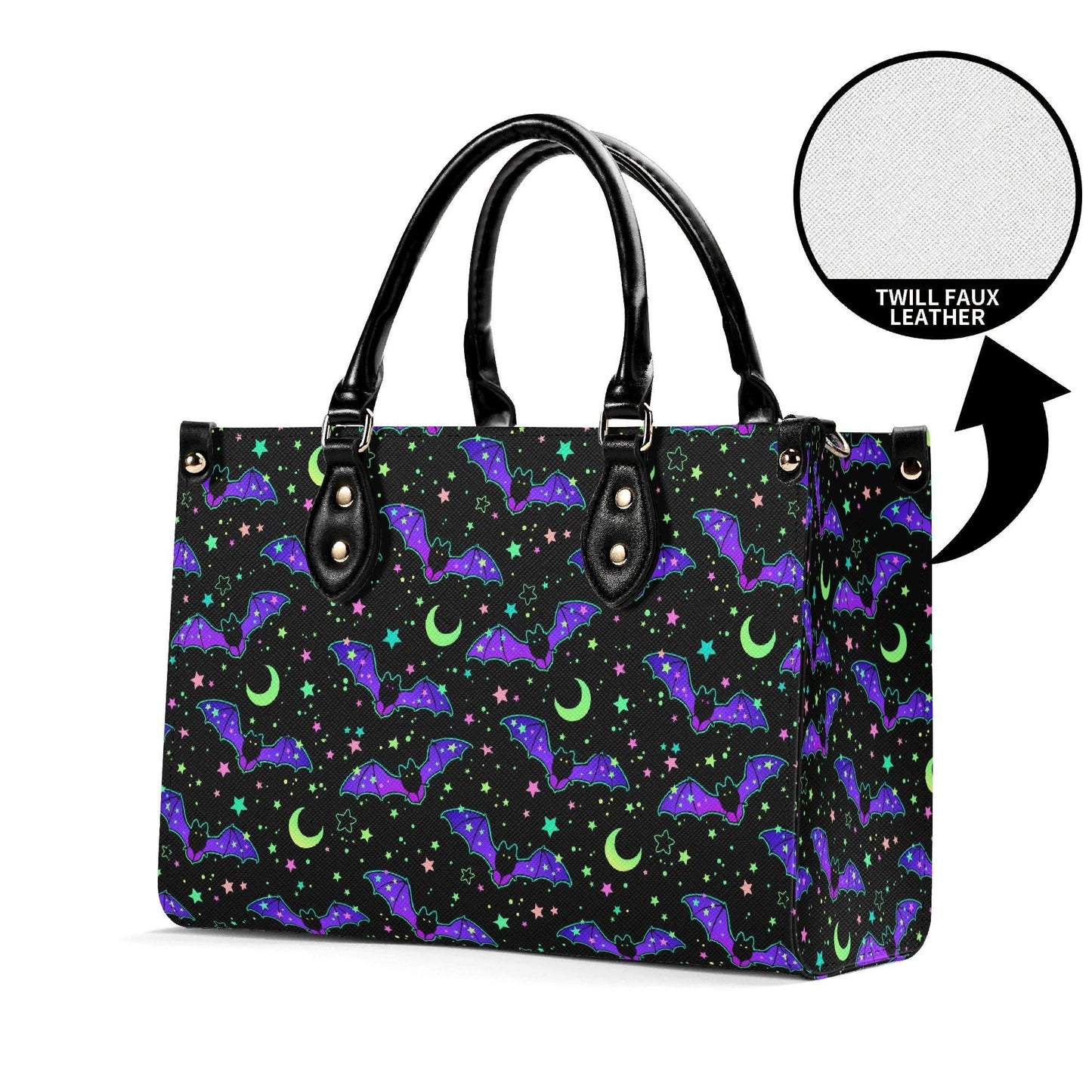 Bat Satchel Handbag for Women, Spooky Cute Purse with Purple Bats, Moon and Stars Shoulder Bag, Goth Halloween Top Handle Bag
