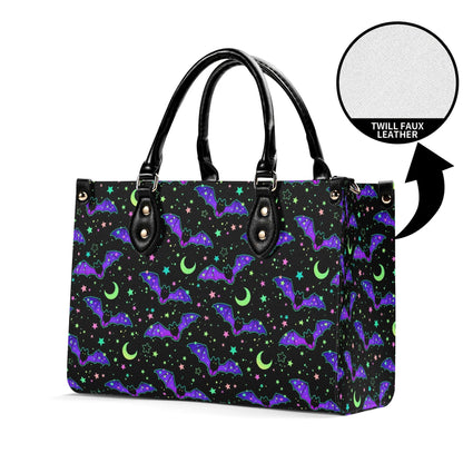 Bat Satchel Handbag for Women, Spooky Cute Purse with Purple Bats, Moon and Stars Shoulder Bag, Goth Halloween Top Handle Bag