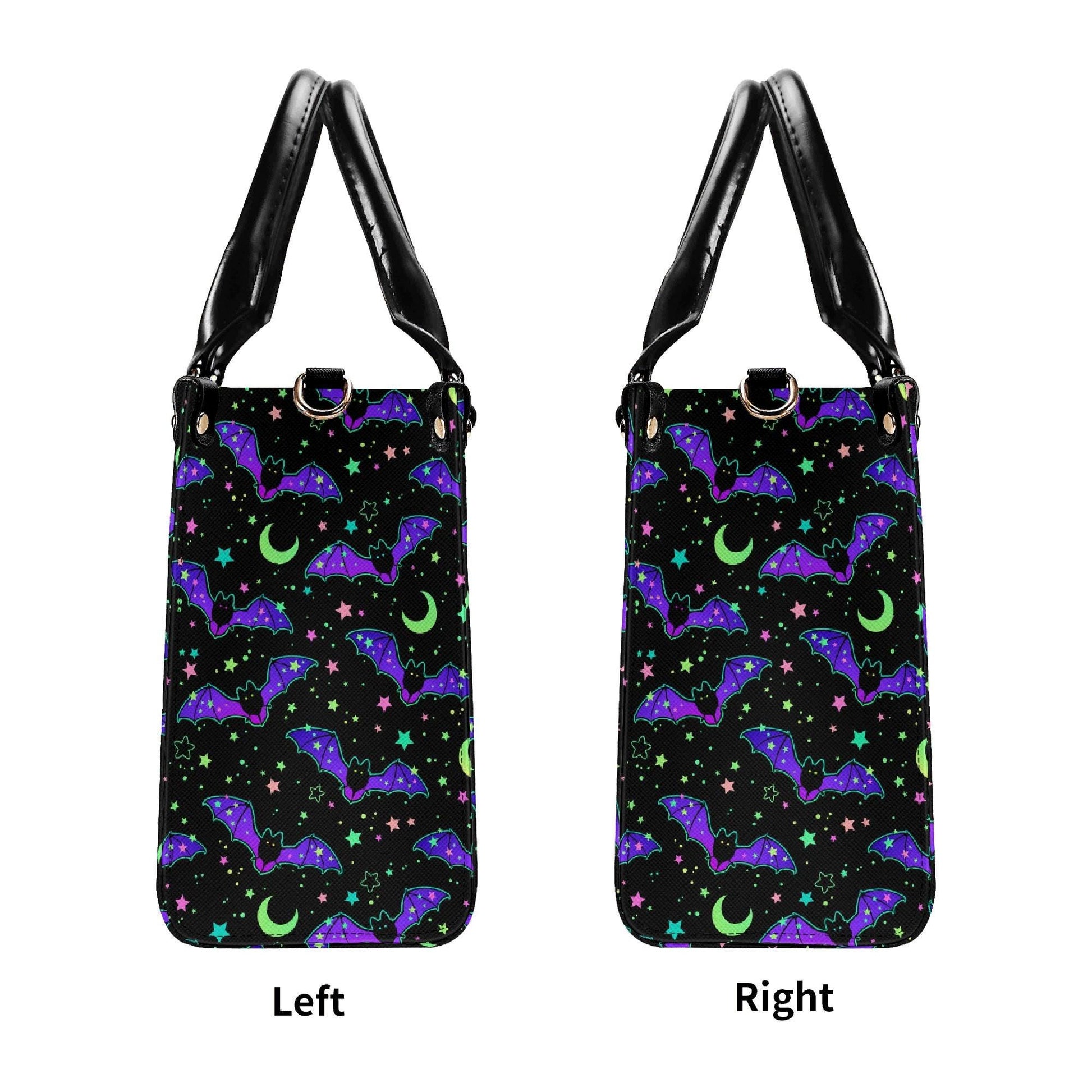 Bat Satchel Handbag for Women, Spooky Cute Purse with Purple Bats, Moon and Stars Shoulder Bag, Goth Halloween Top Handle Bag