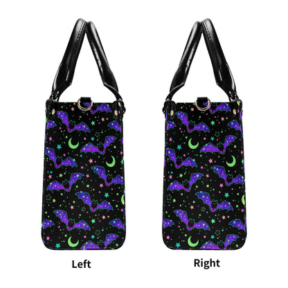 Bat Satchel Handbag for Women, Spooky Cute Purse with Purple Bats, Moon and Stars Shoulder Bag, Goth Halloween Top Handle Bag