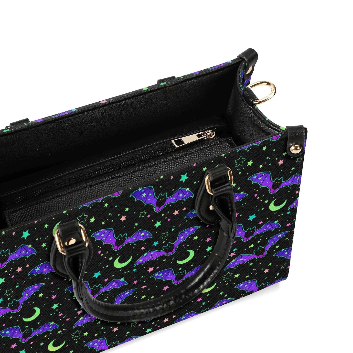 Bat Satchel Handbag for Women, Spooky Cute Purse with Purple Bats, Moon and Stars Shoulder Bag, Goth Halloween Top Handle Bag