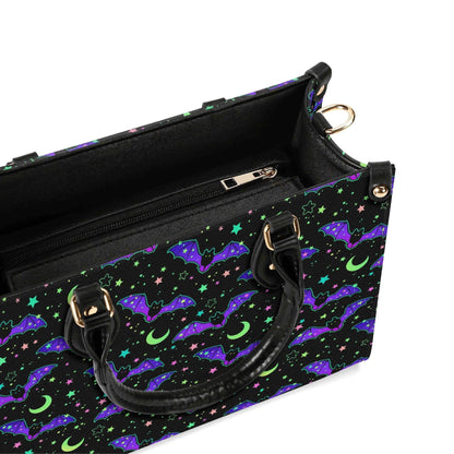 Bat Satchel Handbag for Women, Spooky Cute Purse with Purple Bats, Moon and Stars Shoulder Bag, Goth Halloween Top Handle Bag