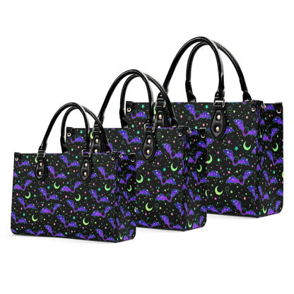 Bat Satchel Handbag for Women, Spooky Cute Purse with Purple Bats, Moon and Stars Shoulder Bag, Goth Halloween Top Handle Bag