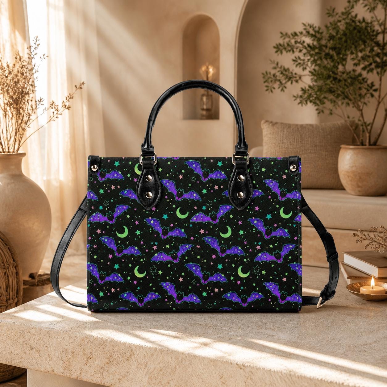 Bat Satchel Handbag for Women, Spooky Cute Purse with Purple Bats, Moon and Stars Shoulder Bag, Goth Halloween Top Handle Bag