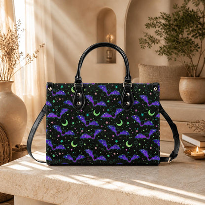 Bat Satchel Handbag for Women, Spooky Cute Purse with Purple Bats, Moon and Stars Shoulder Bag, Goth Halloween Top Handle Bag