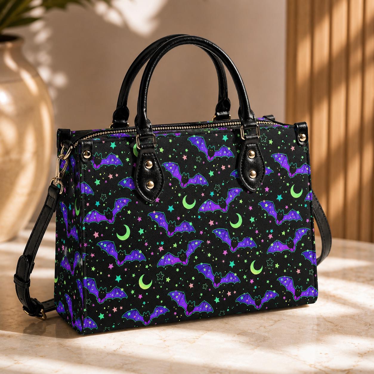 Bat Satchel Handbag for Women, Spooky Cute Purse with Purple Bats, Moon and Stars Shoulder Bag, Goth Halloween Top Handle Bag