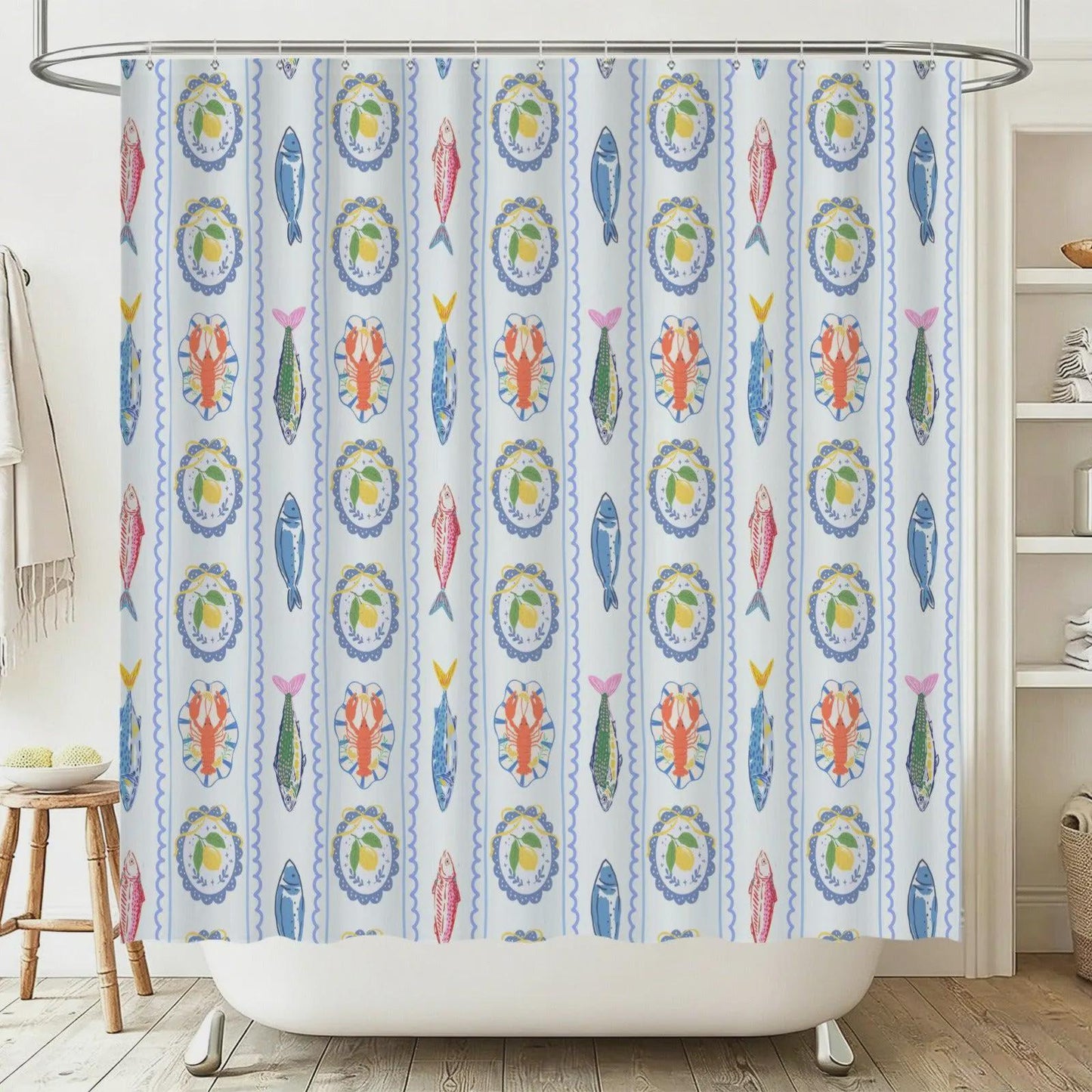 Coastal Seafood Bathroom Rug Set, Lobster Fish Lemon Beach House Decor