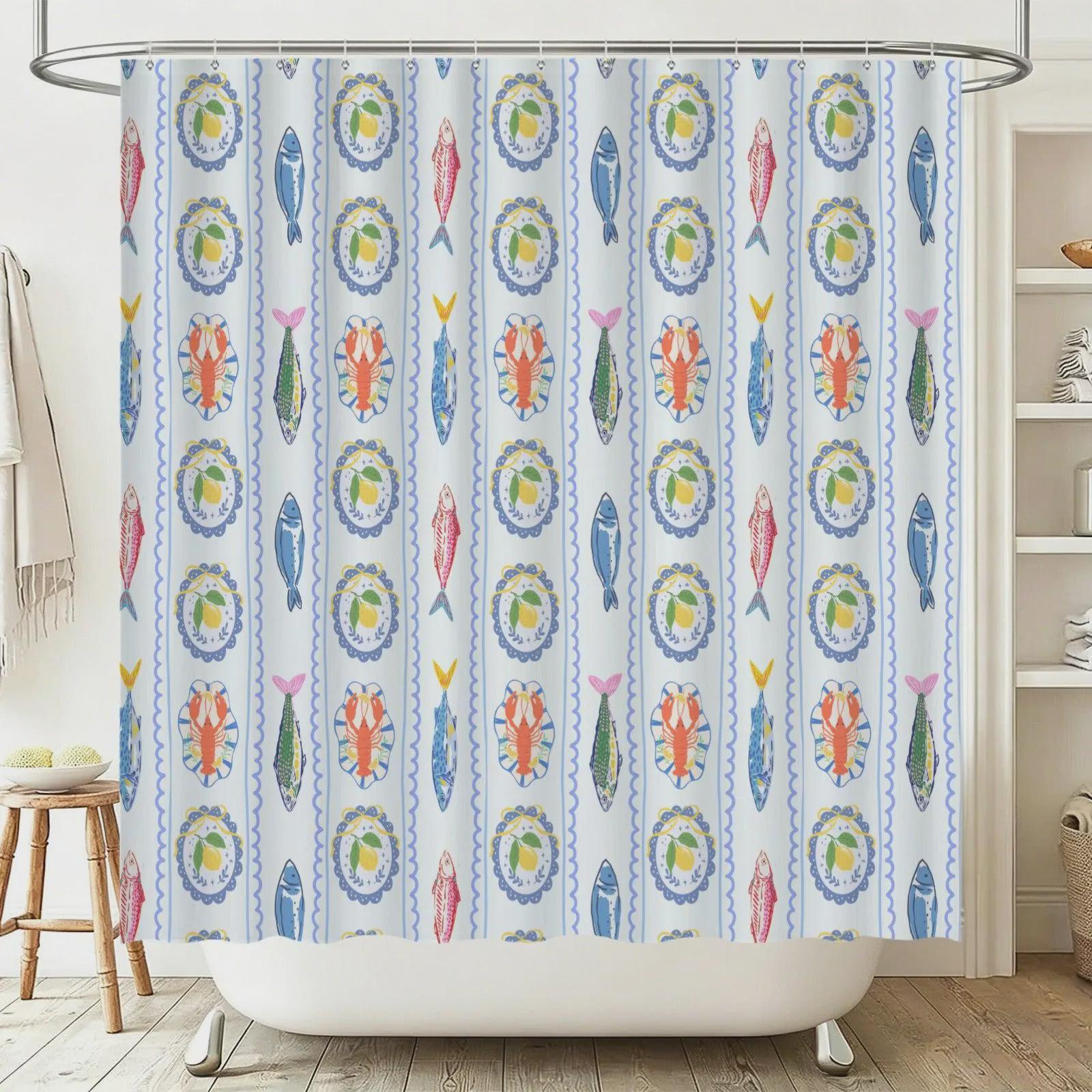 Coastal Seafood Bathroom Rug Set, Lobster Fish Lemon Beach House Decor