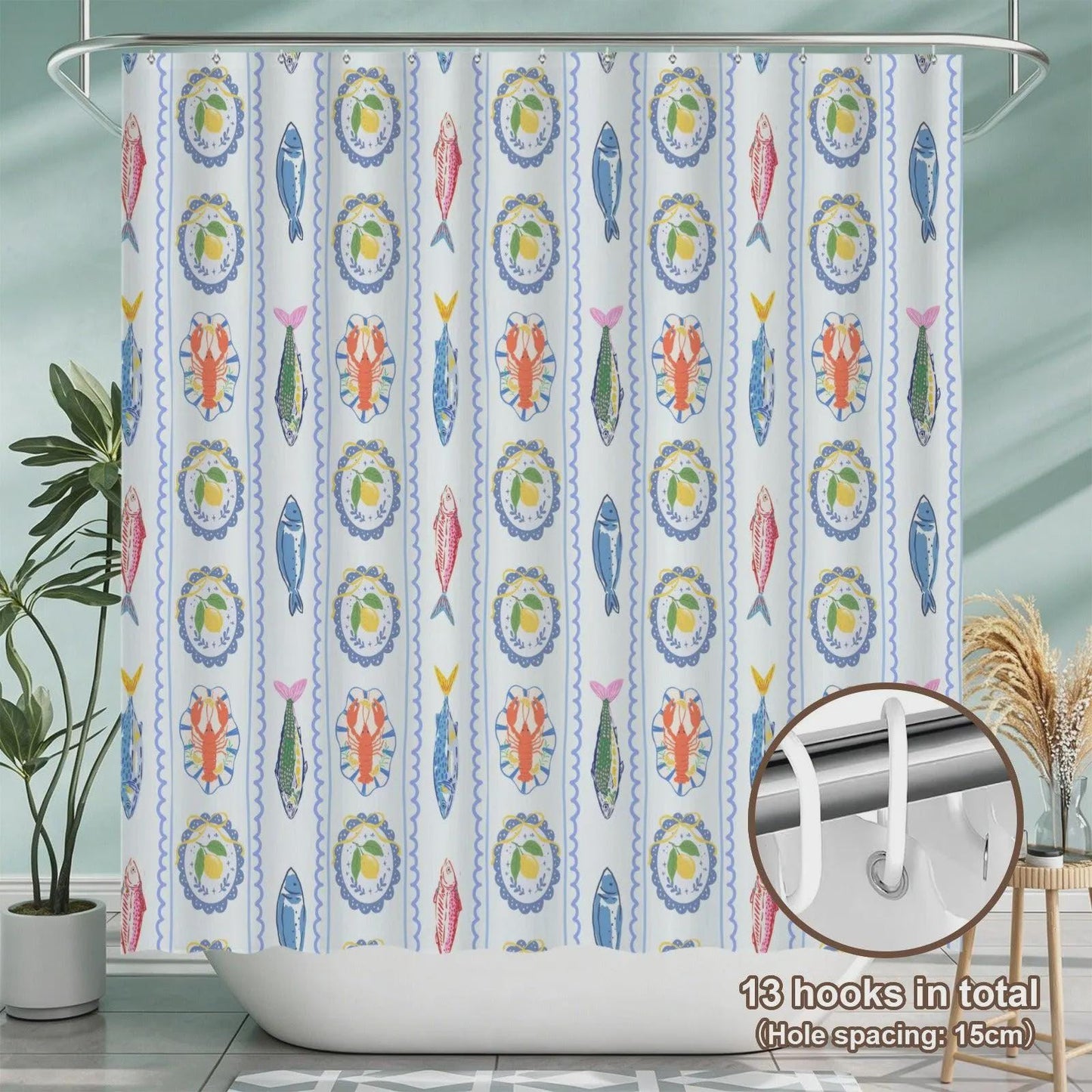 Coastal Seafood Bathroom Rug Set, Lobster Fish Lemon Beach House Decor