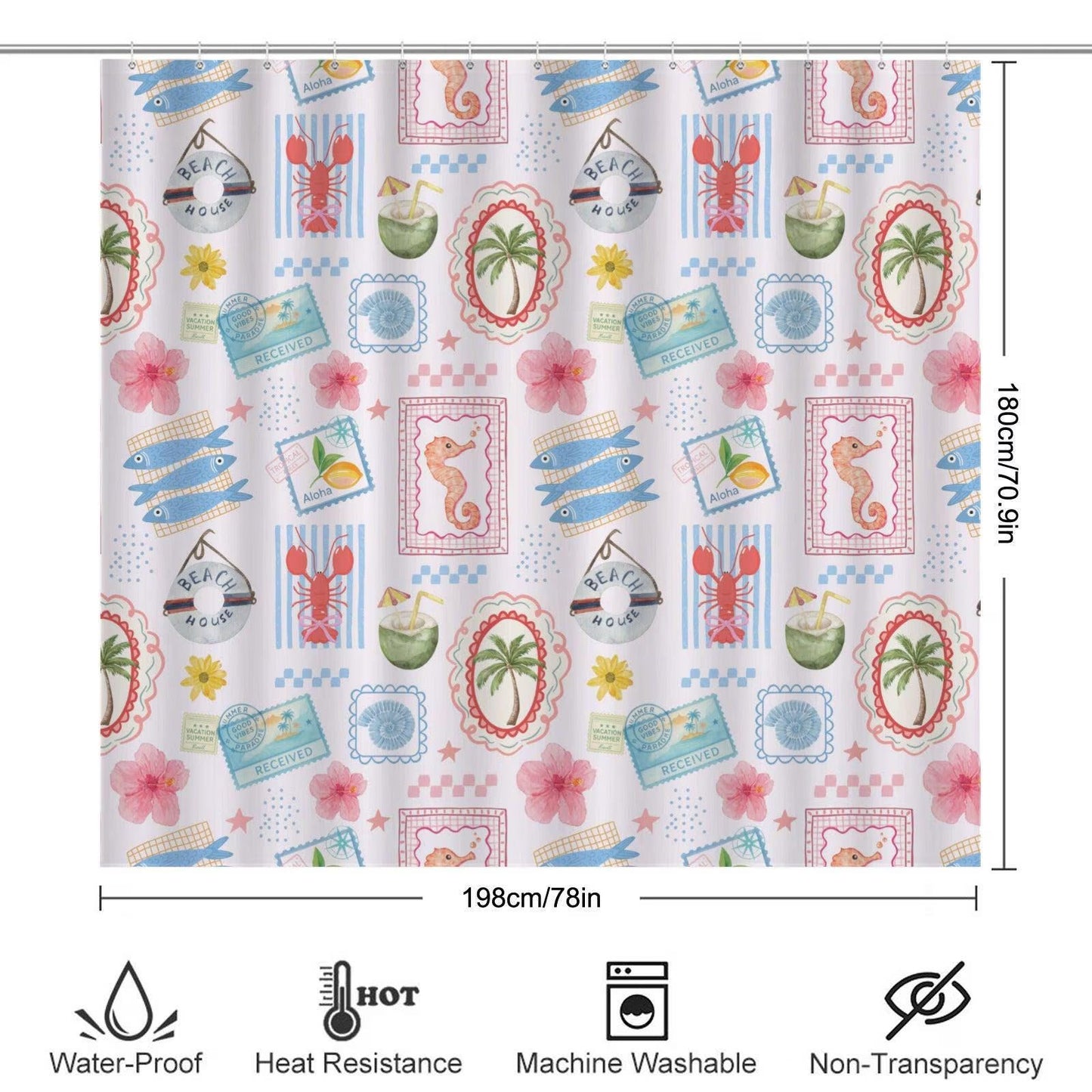 11Coastal Bathroom Rug Set, Tropical Beach Bath Mat and Toilet Cover, Seahorse Fish Print Restroom Decor, Vacation House Accent