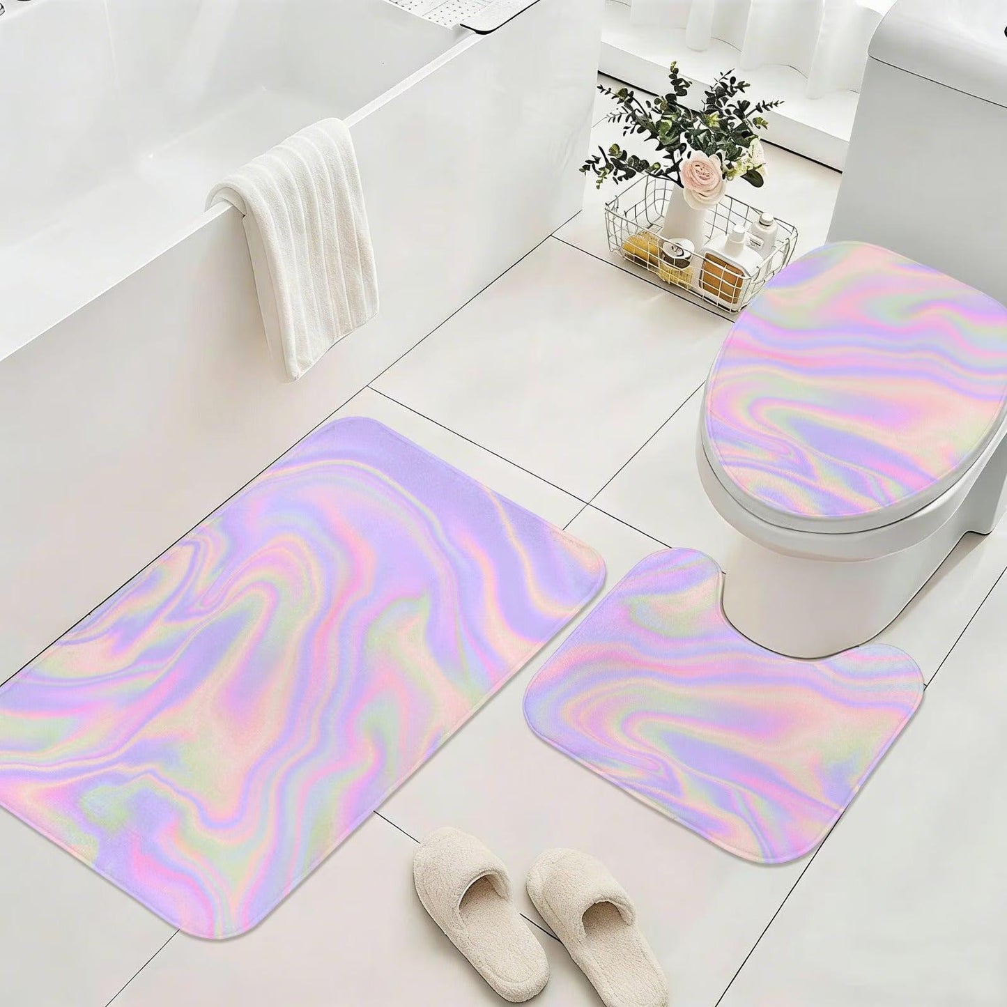 Holographic Shower Curtain, Pastel Abstract Lavender Pink Bath Decor, Y2K Iridescent Accent