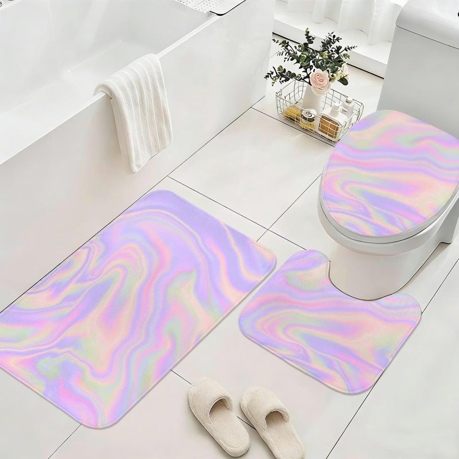 Holographic Shower Curtain, Pastel Abstract Lavender Pink Bath Decor, Y2K Iridescent Accent