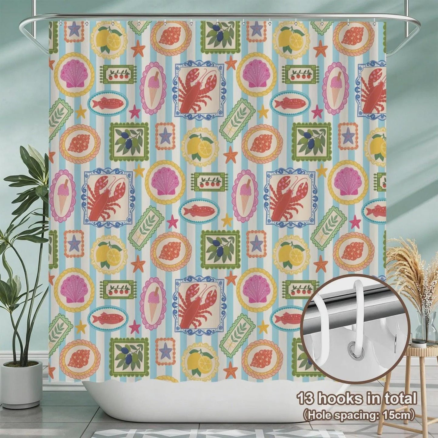 Mediterranean Bath Mat Set, Amalfi Lemon Seashell Rug Trio, Lobster Toilet Cover