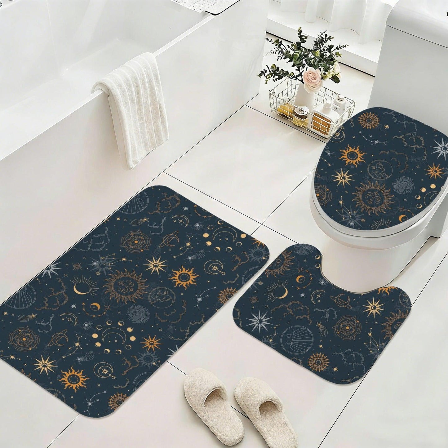 Sun Moon Bathroom Rug Set, Navy Gold Celestial Astrology Bath Mat Trio