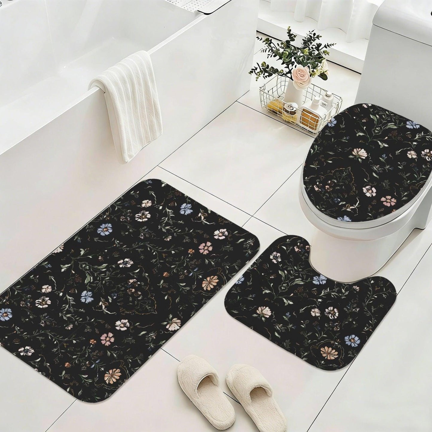 Dark Academia Floral Bathroom Rug Set, Vintage Botanical Bath Mats, Cottagecore Toilet Decor