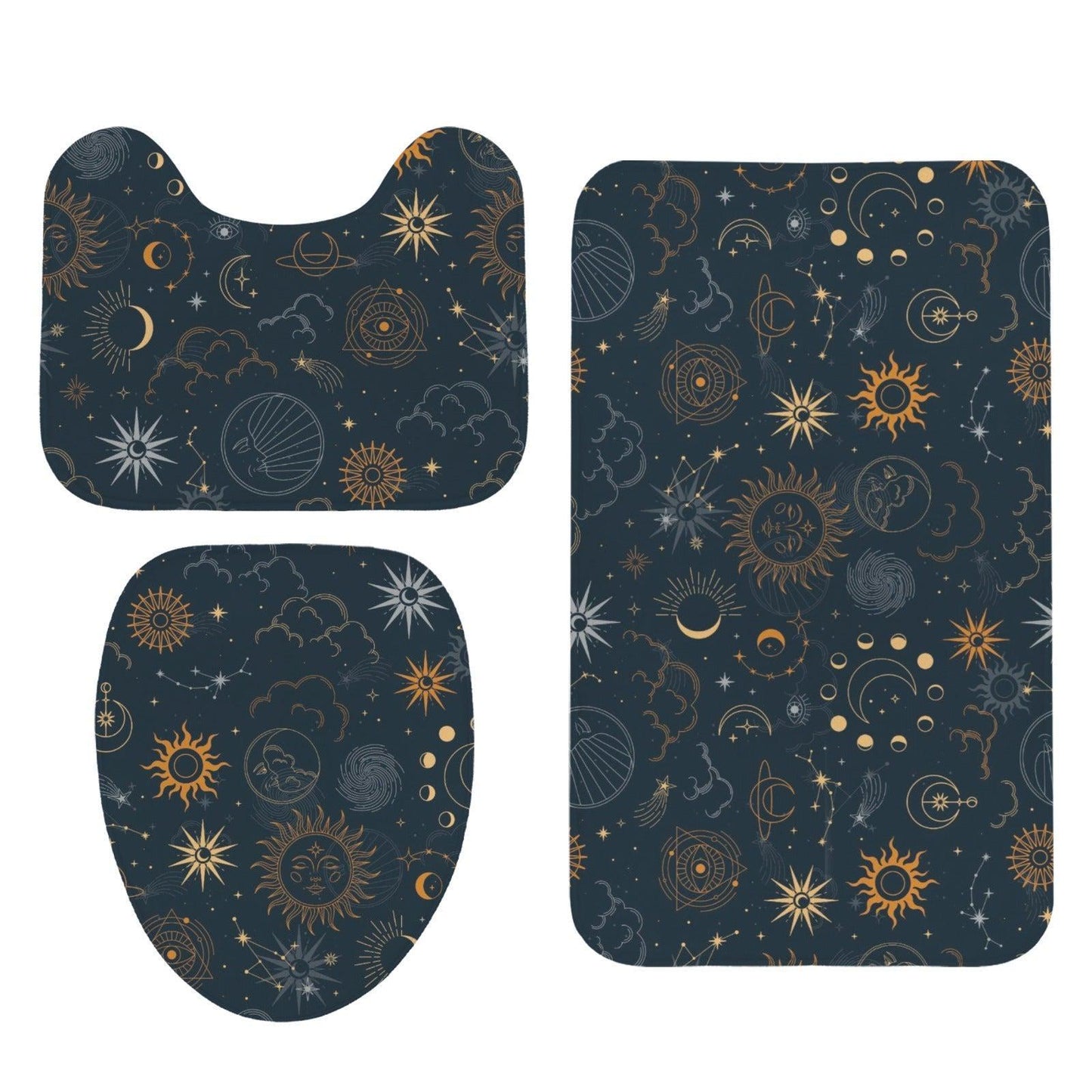 Sun Moon Bathroom Rug Set, Navy Gold Celestial Astrology Bath Mat Trio