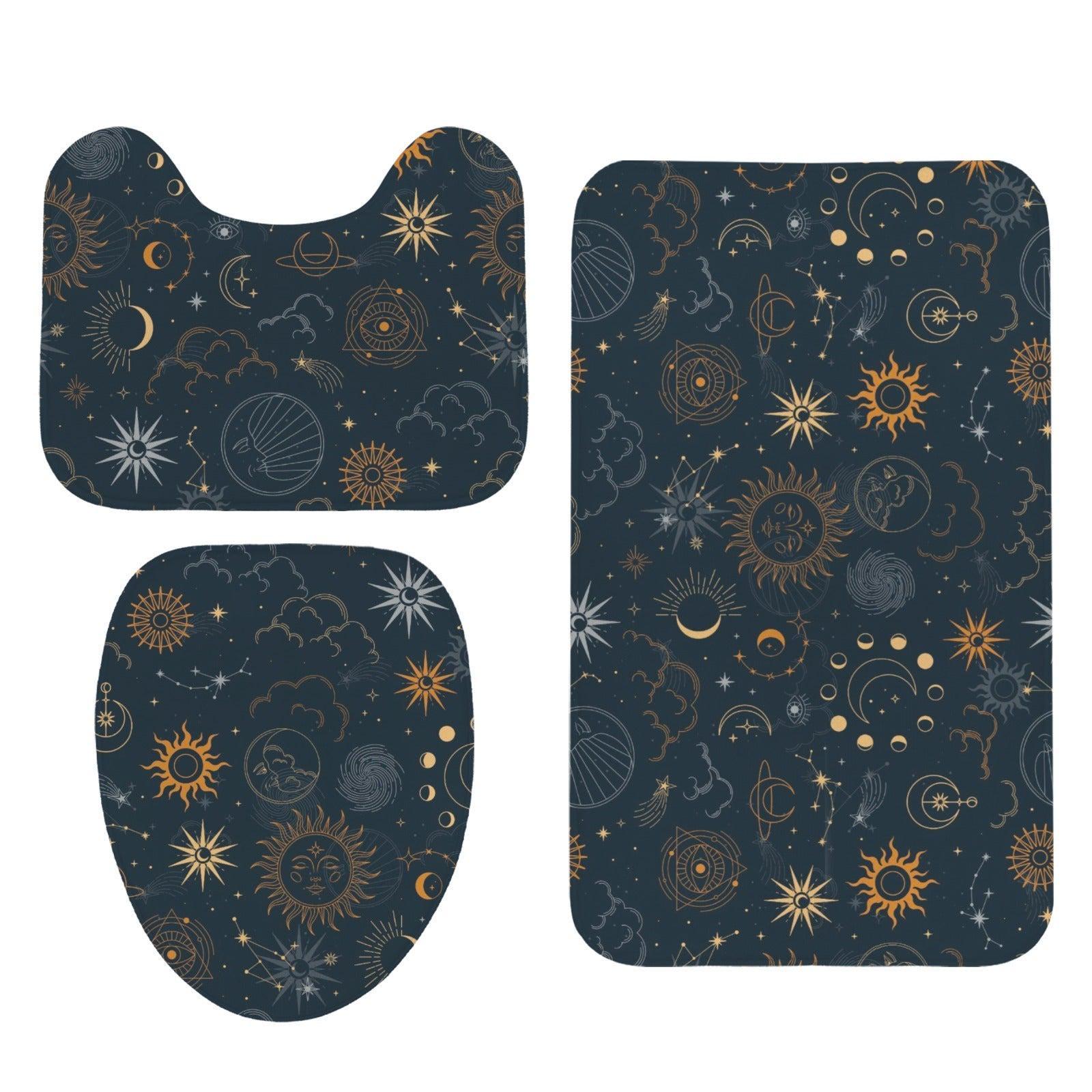 Sun Moon Bathroom Rug Set, Navy Gold Celestial Astrology Bath Mat Trio