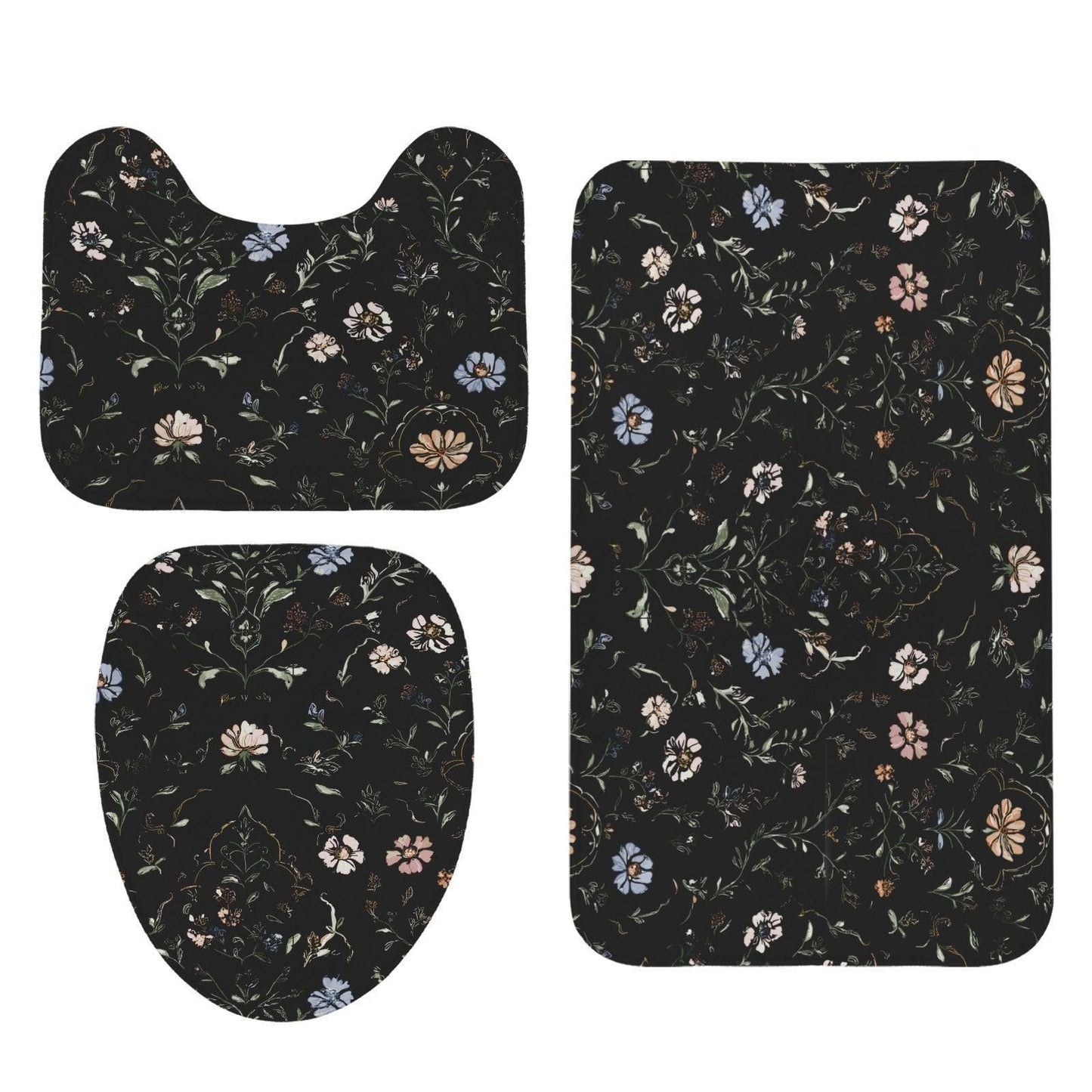 Dark Academia Floral Bathroom Rug Set, Vintage Botanical Bath Mats, Cottagecore Toilet Decor