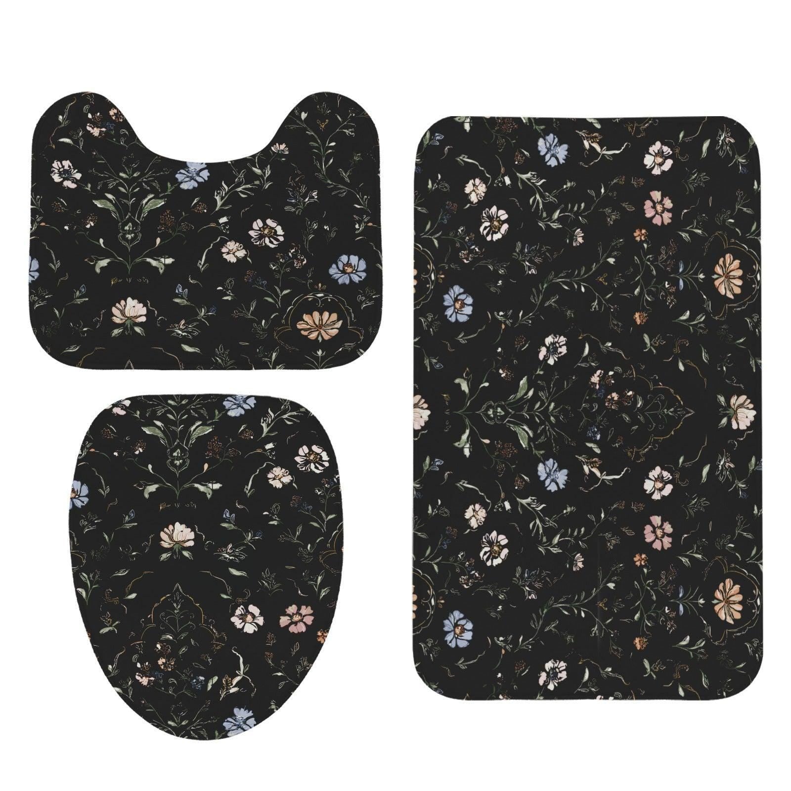 Dark Academia Floral Bathroom Rug Set, Vintage Botanical Bath Mats, Cottagecore Toilet Decor
