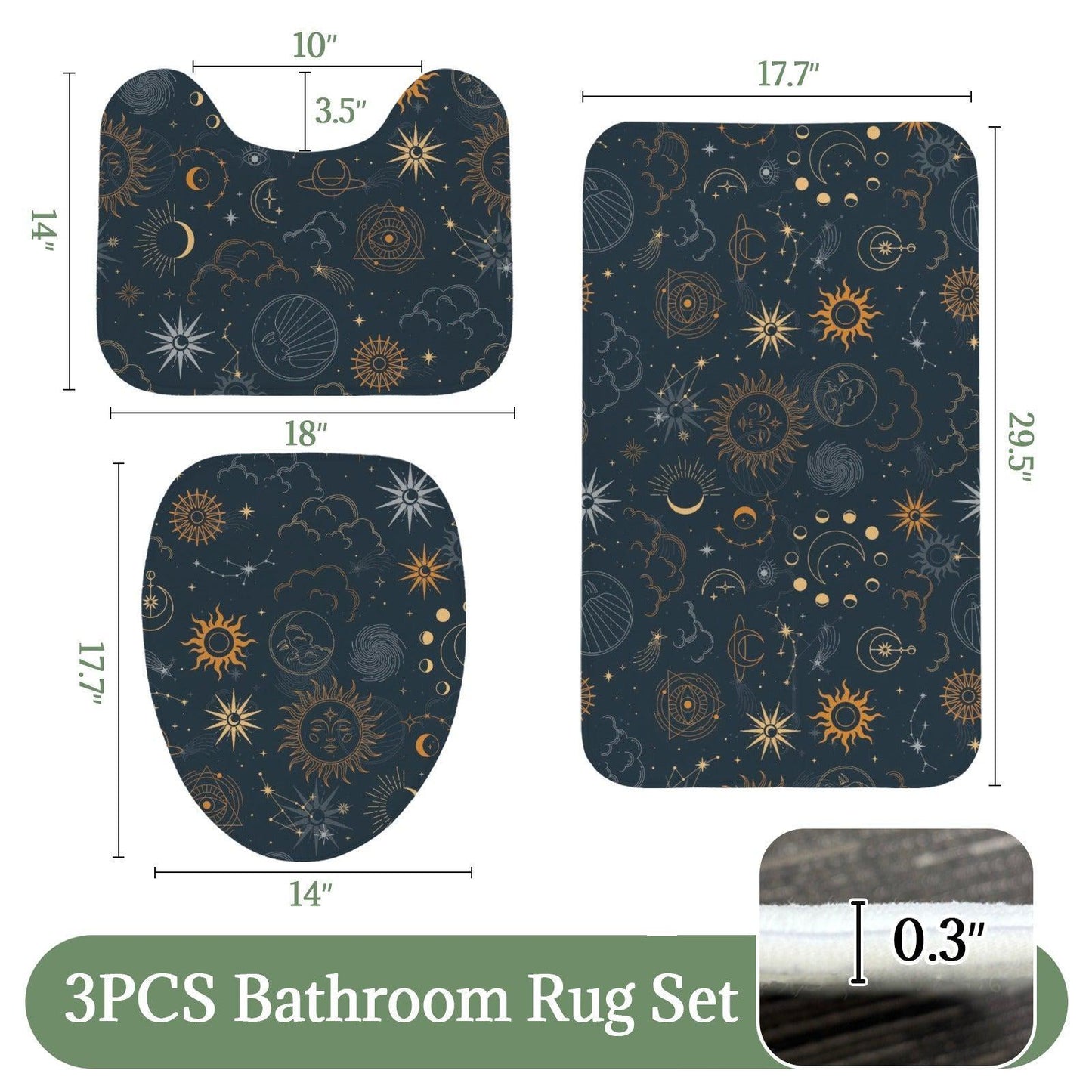 Sun Moon Bathroom Rug Set, Navy Gold Celestial Astrology Bath Mat Trio