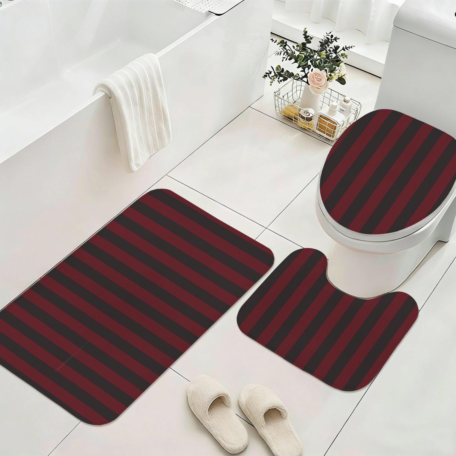 Red Black Striped Bathroom Rug Set, Gothic Bath Mat Trio, Punk Style Toilet Rug