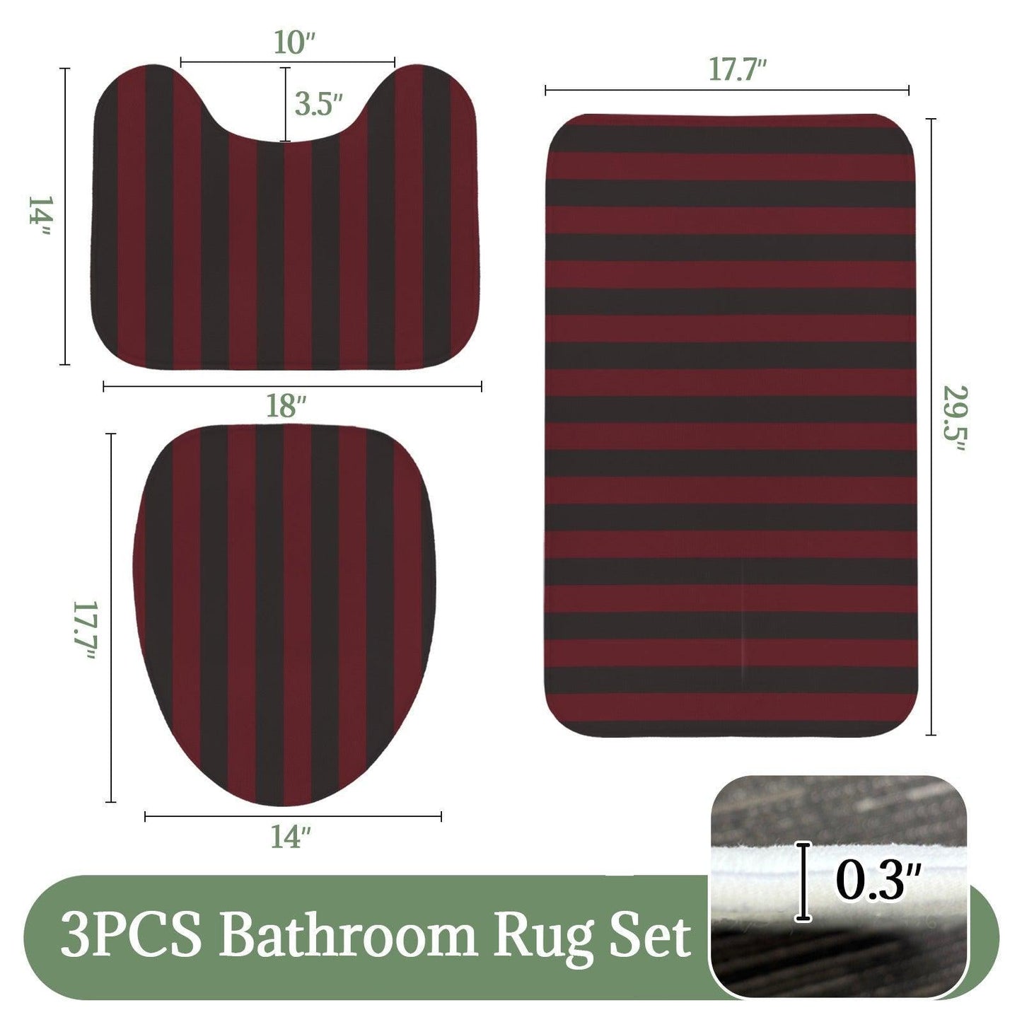 Red Black Striped Bathroom Rug Set, Gothic Bath Mat Trio, Punk Style Toilet Rug